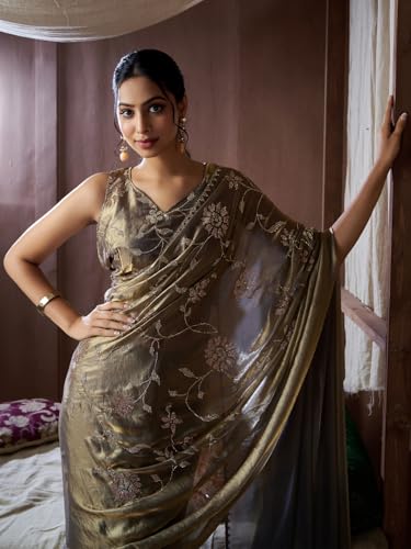 SAREE MALL Women's Gold Pure Silk Embellished Saree With Unstitched Blouse (MAHEK767D_MK)