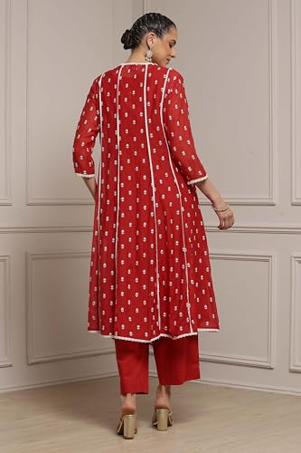 Biba Women Red Chanderi Embroidered Kalidar Suit Set_36