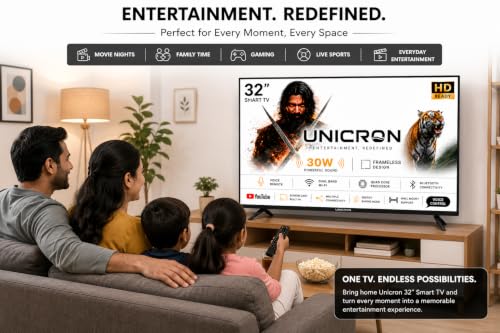 UNICRON 32 Inch Frameless Smart LED TV | Voice Control Android Smart TV | Bluetooth, WiFi, Screen Mirroring | HD Ready Display | HDMI, USB Connectivity | Smart Television for Home | Premium A+