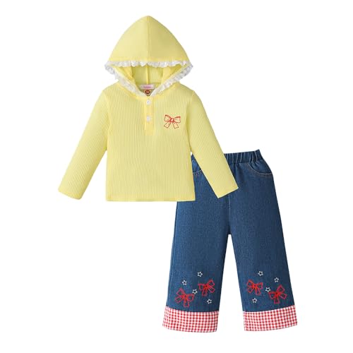Hopscotch Girls Full Sleeves Yellow 2-Pc Textured Jeans Set For Age (9-12 Months)