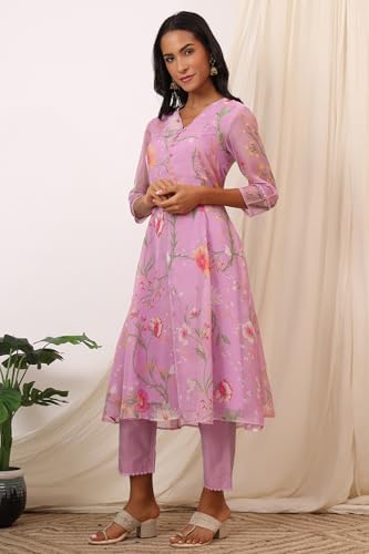 W for Woman Lilac Floral Printed Flared Kurta with Pants and Dupatta Set (Size: L)-WS12551-125728