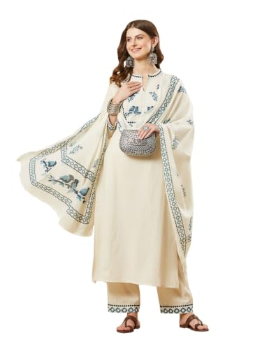 Divena Off White Cotton Flex Embroidered Kurta Sets with Dupatta
