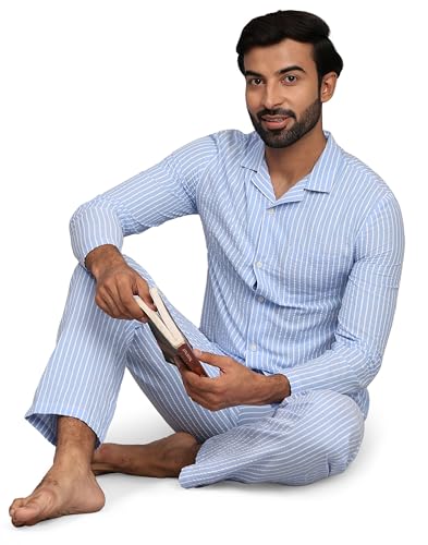 B STORIES Men's 100% Cotton Full Sleeve PJ Set - Blue Stripes Checkered Nightwear Set MWWPJ-001-24031 | Soft Loungewear | Comfortable Sleepwear | Stylish Casual Home Wear Shirt & Pant (2XL)