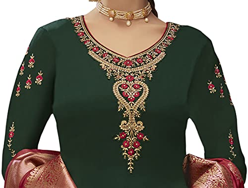 VUBA Satin Suit For Women's Embroidered Semi Stitched Top With Unstitched Santoon Bottom and Pure Woven Banarasi Dupatta Straight Kurta Dress Material (Pakistani Salwar Suit) Green