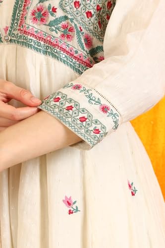 W for Woman Off-White Embroidered Yoke Textured Cotton Anarkali Kurta, Pants and Dupatta Set (Size: XL)-WS12118-222952
