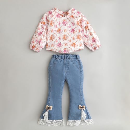 Hopscotch Girls Full Sleeves White 2-Pc Floral Bow Applique Blouse & Jeans For Age (18-24 Months)