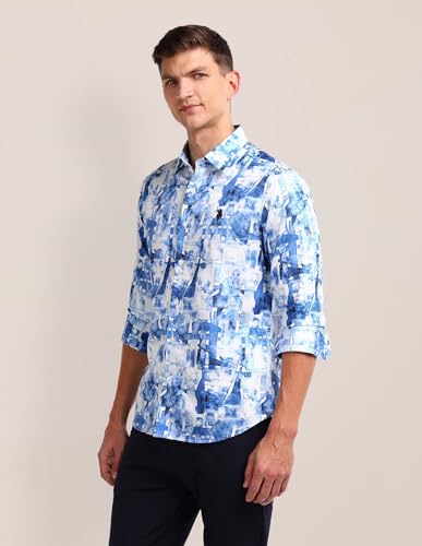 U.S.POLO ASSN. Mens Blue All Over Print Collared Neck Long Sleeve Casual Cotton Regular Fit Shirts (USSHTFX0554_Blue_L)