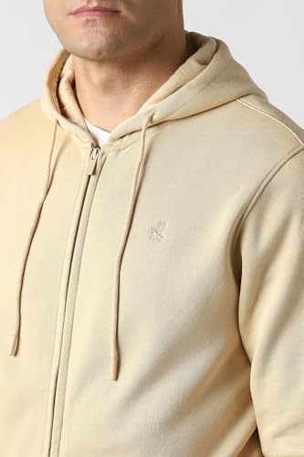 Men Beige Solid Hooded Neck Sweatshirt