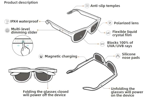 Aeoss Wicue E-Touch Instant Dimming Sunglasses with 5-Level Slide-to-Dim Brightness Control | Polarized Photochromic Lens UV Protection & Magnetic Charging | Stylish Black Frame for Men & Women