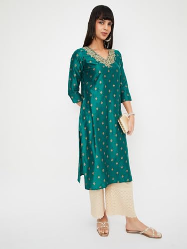 Max Women Embroidered Straight Kurta (Green_M)