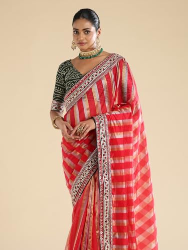 AKHILAM Women's Red Organza Striped Embellished Saree With Unstitched Blouse Piece (ANIKA3303_AG)