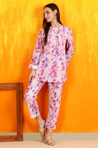 W for Woman Pink Floral Printed Textured Cotton Short Tunic and Pants Co-ord Set (Size: M)-WS31246-125342