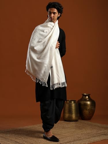 tweedle Wool Blend White Tone to Tone Matka Pattern Stole/Scarf/Muffler for Male with Stone Work for Winters