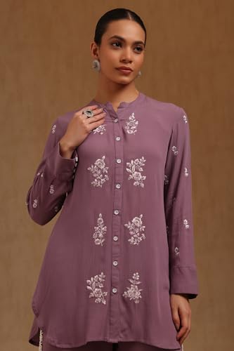 Soch Womens Purple Rayon Crepe Embroidered Co-Ord Set With Thread Work