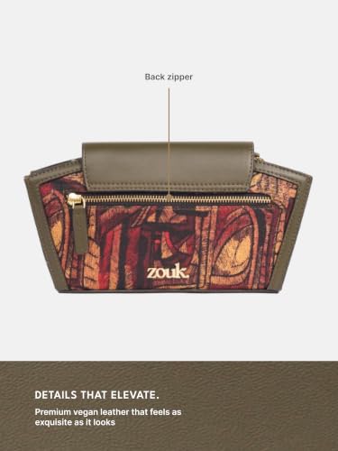 ZOUK Women's Zareen Olive Clutch Bag with Detachable Sling Strap | Vegan Leather | Geometric Gold Jewel-toned Print | Wedding, Party, Formal