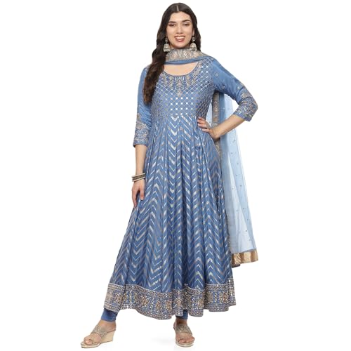 BIBA WOMEN YARNDYED ANARKALI SALWAR KURTA DUPATTA(SKDBANARASI8968_POWDER BLUE_34)