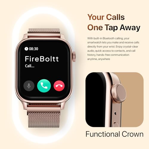 Fire-Boltt Rise Luxe Smart Watch, 1.85" HD Display, Metal Body with Bluetooth Calling, Rotating Crown, AI Voice Assistant, 120 Sports Modes, Neon UI, SpO2 & Heart Rate Monitoring (Rose Gold Mesh)