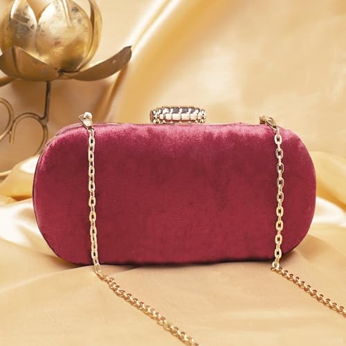Artklim Maroon Based Plain Velvet Fabric Clutch Bag for Women