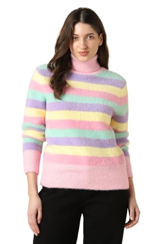 Women Multi Stripe Turtle Neck Casual Sweater