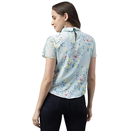 Latin Quarters Women Blue Floral Printed Cap Sleeves Shirt Top with Tie Up Neck