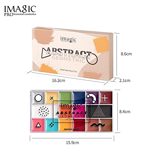 Beauty World Imagic Abstract Geometric 16 Color Face Paint Palette designed with a plastic transparent case. With safety ingredients, oil-based formula, creamy texture, and 16 pigmented and vibrant colors