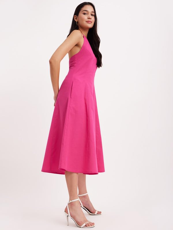 FableStreet Linen Princess Line Dress - Fuchsia