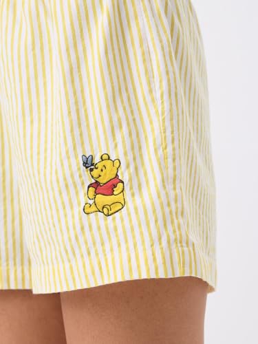 The Souled Store Disney: Winnie The Pooh Happy Women and Girls Elastic Waistband Yellow Striped Embroidered Polyester Blend Regular Fit Lightweight Lounge Shorts