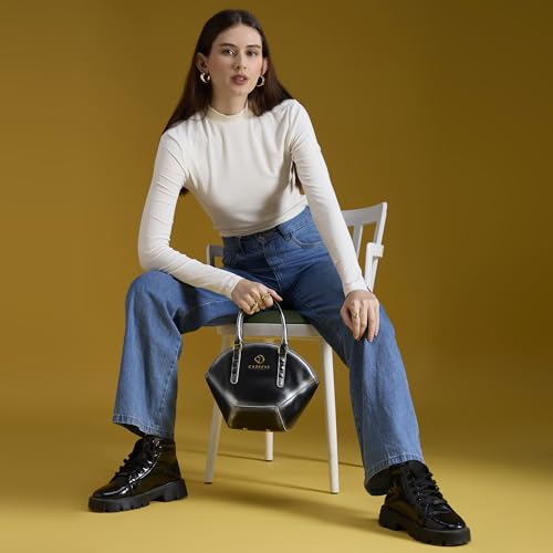 Caprese Dee Medium Satchel Handheld Bag for Women with Adjustable & Detachable Strap | Premium Metal Logo & Back Zipper Pocket | Stylish and Functional Design | Perfect for Daily Use (Black)