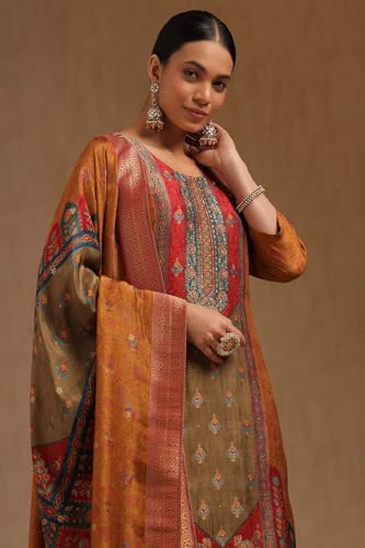 Soch Womens Mustard Brocade Floral Print Suit Set With Sequins