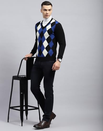 Monte Carlo Mens Black Geometric V Neck Full Sleeve Pullover (1236030VN-1-42)
