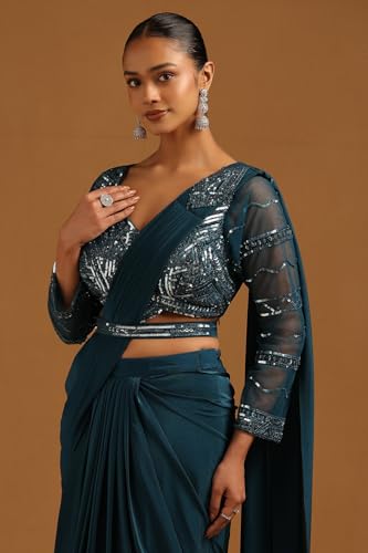 Soch Womens Teal Spandex Embellished Ready To Wear Saree