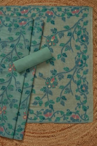 Soch Womens Turquoise Blue Chanderi Floral Print Unstitch Dress Material With Thread Work