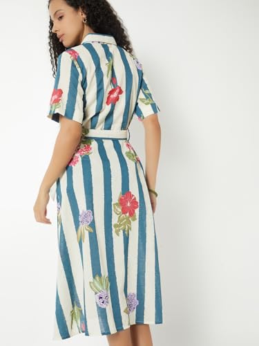 Max Women Printed Belted A-line Shirt Dress(White_M)
