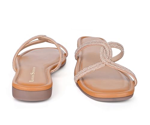 LOUIS STITCH Women's Fashion Flat Peach Pink Slip-On Sandals | Open Toe Cross Strap Flat Slipper for Ladies | LSOF-LDSL-CRCSSUL| (UK-7)