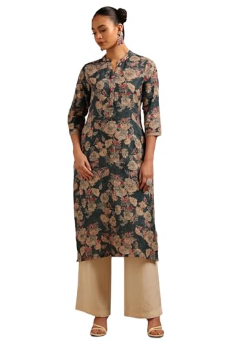 Soch Womens Grey Linen Floral Kurta