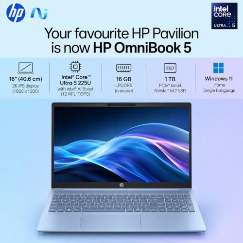 HP OmniBook 5, Intel Core Ultra 5 225U, 16GB LPDDR5 RAM, 1TB SSD, 16-inch WUXGA 2K IPS Anti-Glare Display, Win 11, Microsoft 365 Basic* + Office 2024, Sky Blue, 1.77 kg, Backlit KB, AI PC, af1109TU