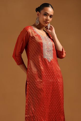 Soch Womens Rust Tissue Woven Design Kurta Set With Thread Work