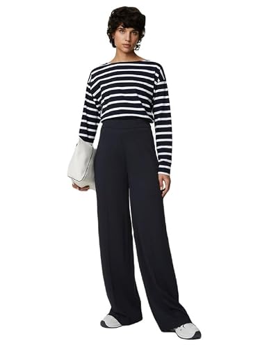 Solid Navy Blue Viscose Womens Wide Leg Jersey Stretch Trousers