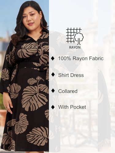 wild U Women Plus Size Dress | Tropical Print | Midi | Pocket | Shirt Dress | Curvy Woman | Western (Brown, 7XL)