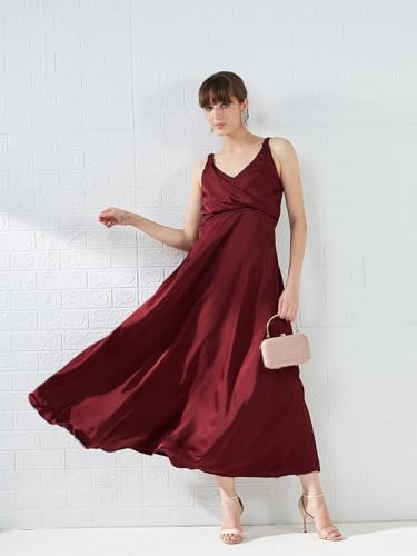 Latin Quarters Women's Maroon Sleeveless V-Neck Solid Party Maxi Dress_XL