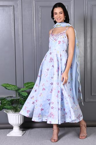 W for Woman Blue Floral Printed Thread Work Chanderi Flared Dress and Dupatta Set (Size: 3XL)-WS12493-125416