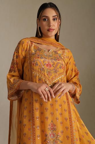 Soch Womens Mustard Crepe Floral Print Suit Set With Stone Work