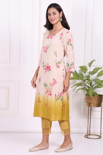 W for Woman Off-White Floral Printed Beaded Modal Straight Kurta, Pants and Dupatta Set - (WS13669-126956-L)
