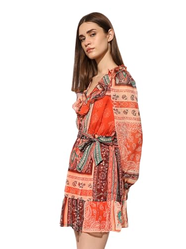 ONLY Women's Tribal Print Fit and Flare Orange Dress