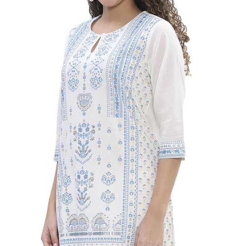 BIBA Women Off-white-Blue Cotton Straight Suit Set_38