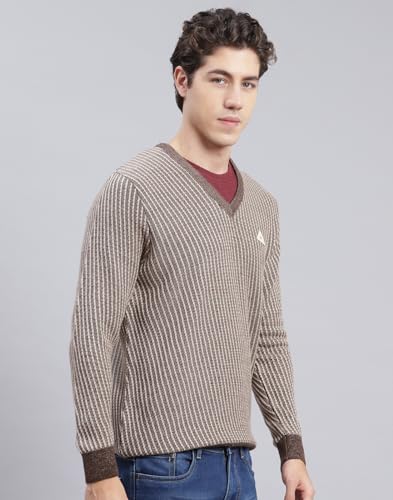 Monte Carlo Dark Brown Multi Self Design V Neck Pullover | Warm Woolen Pullover for Men | Soft Comfortable Knitted Winter Wear Sweater for Men's