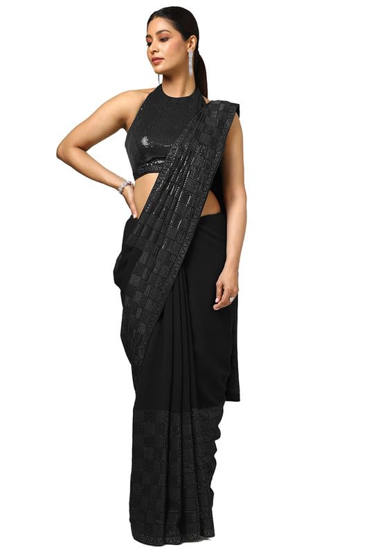 Soch Womens Black Sequin Embellished Georgette Saree With Sequin