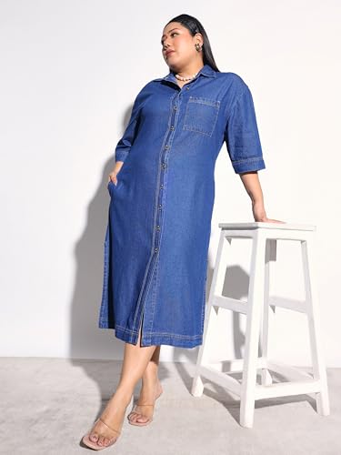 Sassafras Curve Women Navy Blue Tencel Button Down Shirt Midi Dress-3XL