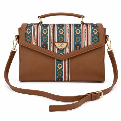 TEAL BY CHUMBAK Botanical Bail Flap Handbag for Women - Brown Polyester Flap Handbag with Adjustable Strap, 4.5L Storage | Snap Button Closure Sling Purse | Gifts for Women, Ladies Purse