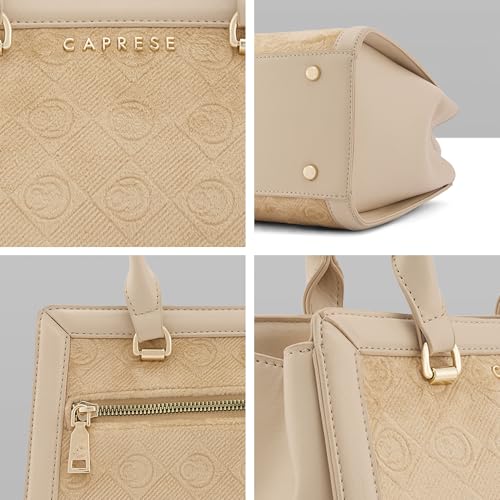 Caprese Katherine Medium Monogram Velvet Satchel for Women | Elegant Multi-Compartment Shoulder Handbag with Adjustable & Detachable Strap | Textured Velvet Designer Work & Party Purse (Alpine Oat)